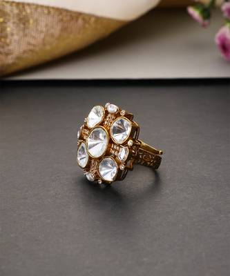 Gold plated white polki adjustable ring 2