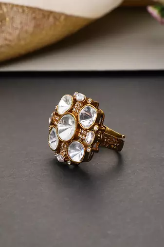 Gold plated white polki adjustable ring
