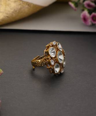 Gold plated white polki adjustable ring 3