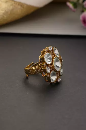 Gold plated white polki adjustable ring