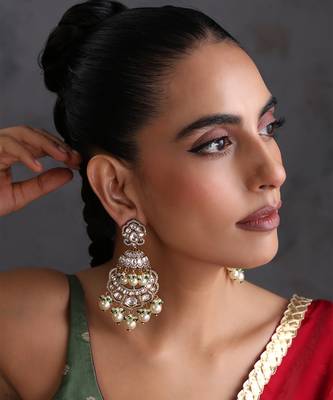 Gold plated white polki pearls chandbali earrings 1