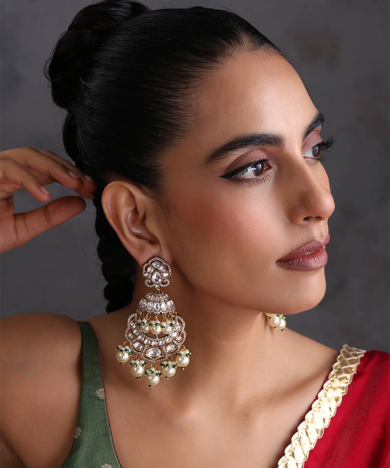 Gold plated white polki pearls chandbali earrings