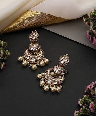 Gold plated white polki pearls chandbali earrings 2