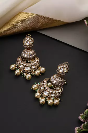 Gold plated white polki pearls chandbali earrings