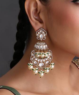 Gold plated white polki pearls chandbali earrings 3