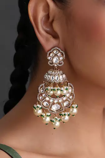 Gold plated white polki pearls chandbali earrings