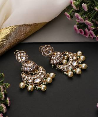 Gold plated white polki pearls chandbali earrings 4