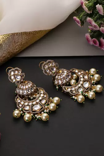 Gold plated white polki pearls chandbali earrings