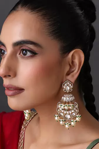 Gold plated white polki pearls chandbali earrings