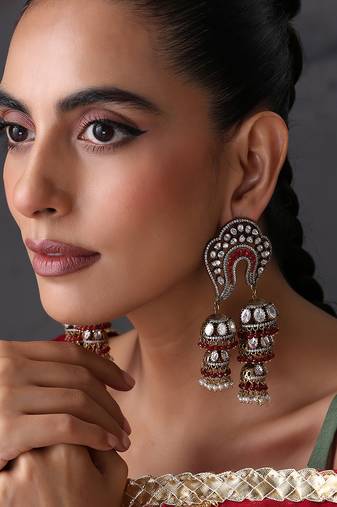 Gold plated red polki jhumka earrings