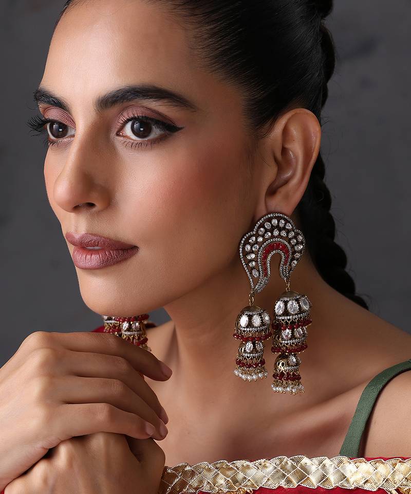 Gold plated red polki jhumka earrings
