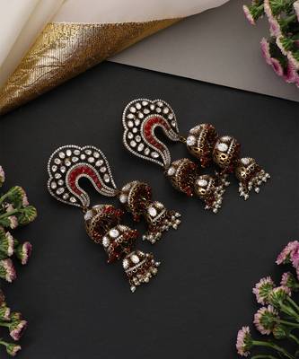 Gold plated red polki jhumka earrings 2