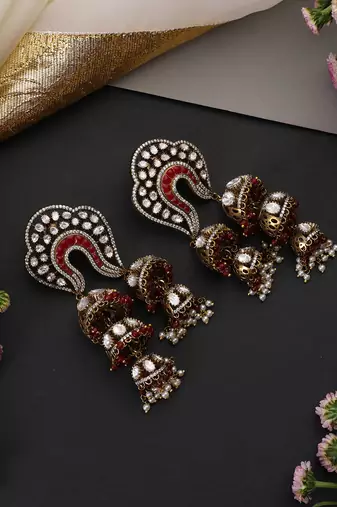Gold plated red polki jhumka earrings