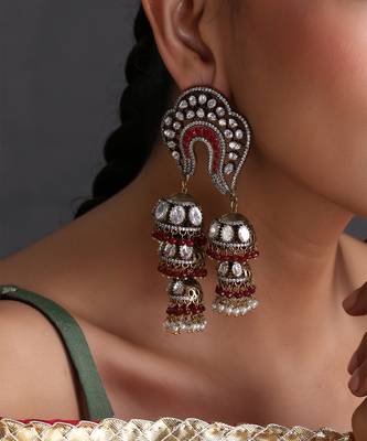 Gold plated red polki jhumka earrings 3