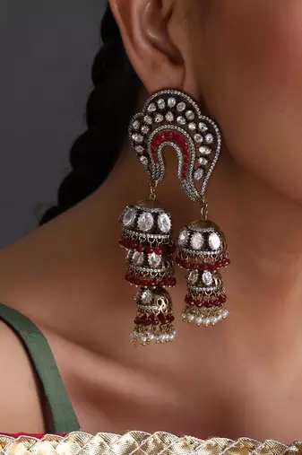 Gold plated red polki jhumka earrings