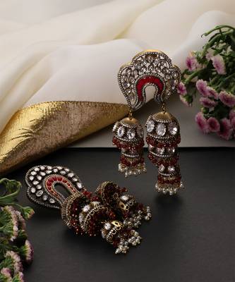 Gold plated red polki jhumka earrings 4
