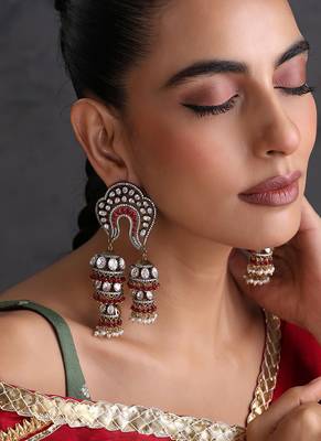 Gold plated red polki jhumka earrings 5