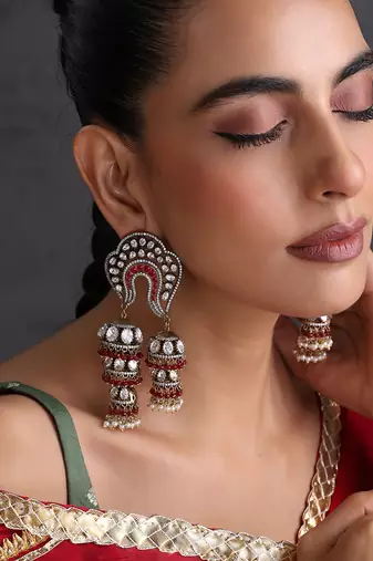 Gold plated red polki jhumka earrings