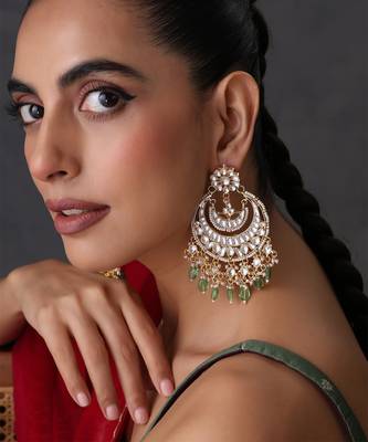 Gold plated mint green polki chandbali earrings 1
