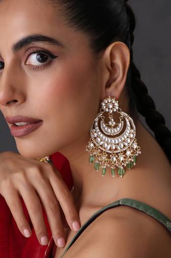 Gold plated mint green polki chandbali earrings