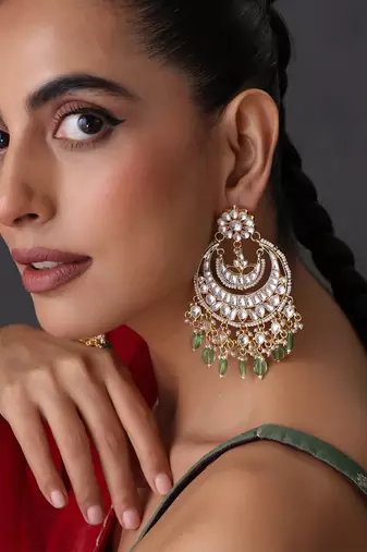 Gold plated mint green polki chandbali earrings