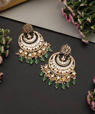 Gold plated mint green polki chandbali earrings 2