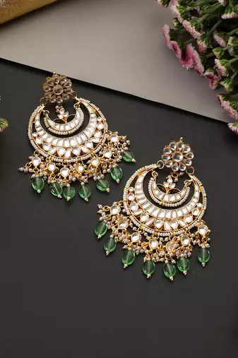 Gold plated mint green polki chandbali earrings