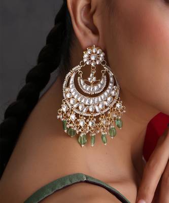 Gold plated mint green polki chandbali earrings 3