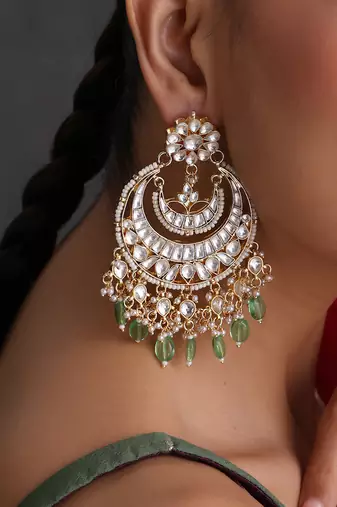 Gold plated mint green polki chandbali earrings
