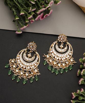 Gold plated mint green polki chandbali earrings 4