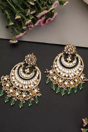 Gold plated mint green polki chandbali earrings