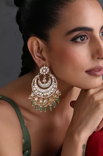 Gold plated mint green polki chandbali earrings