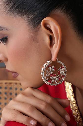 Gold plated ruby red polki hoop earrings