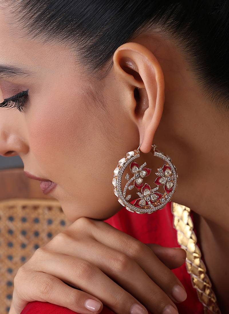 Gold plated ruby red polki hoop earrings