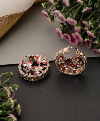 Gold plated ruby red polki hoop earrings 2