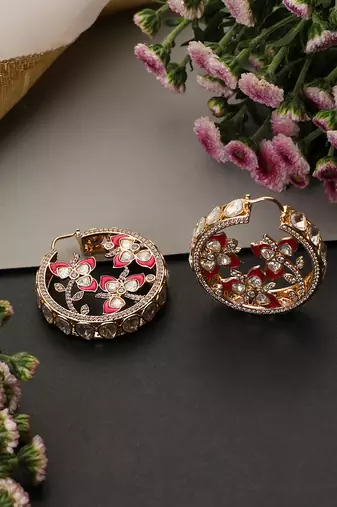 Gold plated ruby red polki hoop earrings