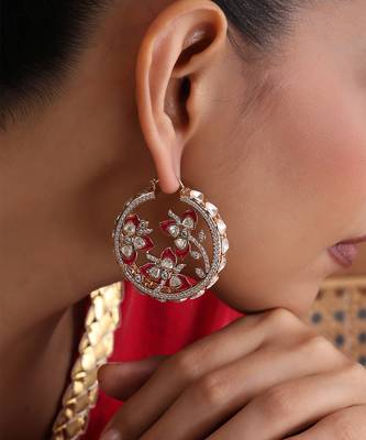 Gold plated ruby red polki hoop earrings 3