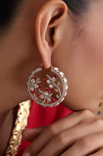 Gold plated ruby red polki hoop earrings