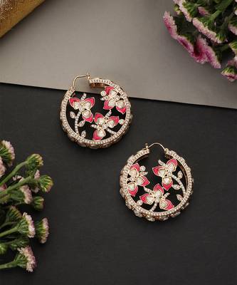 Gold plated ruby red polki hoop earrings 4