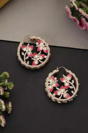 Gold plated ruby red polki hoop earrings
