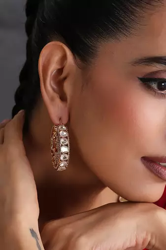Gold plated ruby red polki hoop earrings