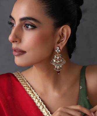 Gold plated ruby red kundan jhumka earrings 1