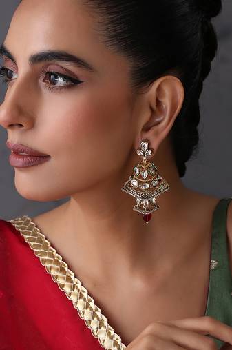 Gold plated ruby red kundan jhumka earrings