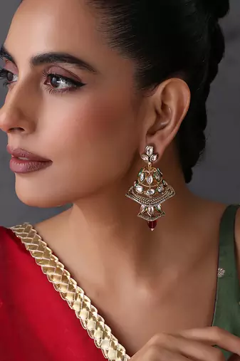 Gold plated ruby red kundan jhumka earrings