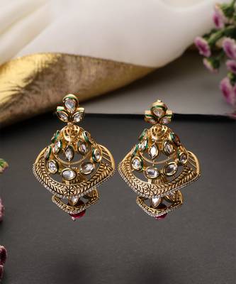 Gold plated ruby red kundan jhumka earrings 2