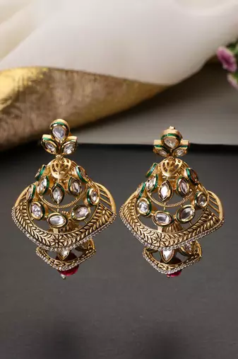 Gold plated ruby red kundan jhumka earrings