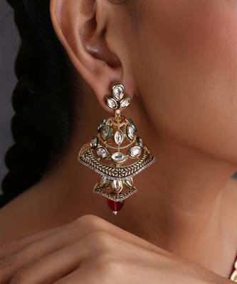 Gold plated ruby red kundan jhumka earrings 3