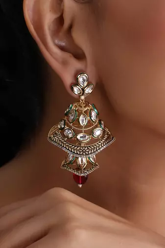 Gold plated ruby red kundan jhumka earrings