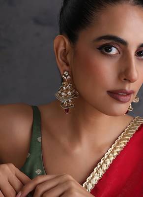 Gold plated ruby red kundan jhumka earrings 5
