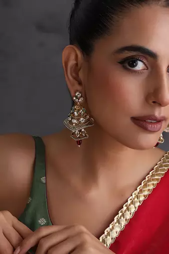 Gold plated ruby red kundan jhumka earrings
